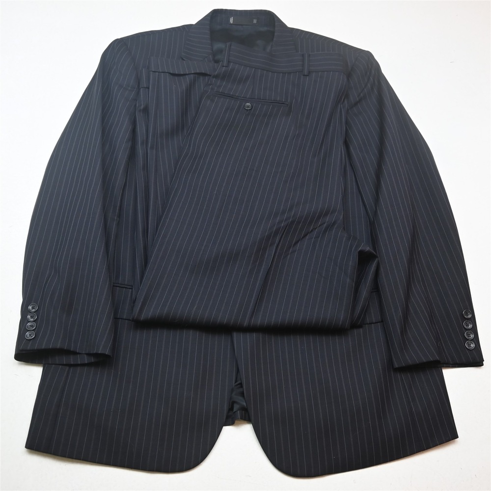 Emmanuel Ungaro 44R 38x30 Navy Blue Striped 100% Wool Mens Jacket Pants Suit